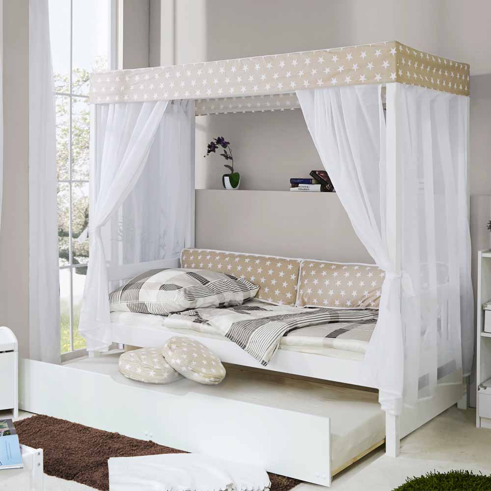 Kinder Himmelbett Anguro in Weiß Beige mit Zusatzbett 90x200 cm