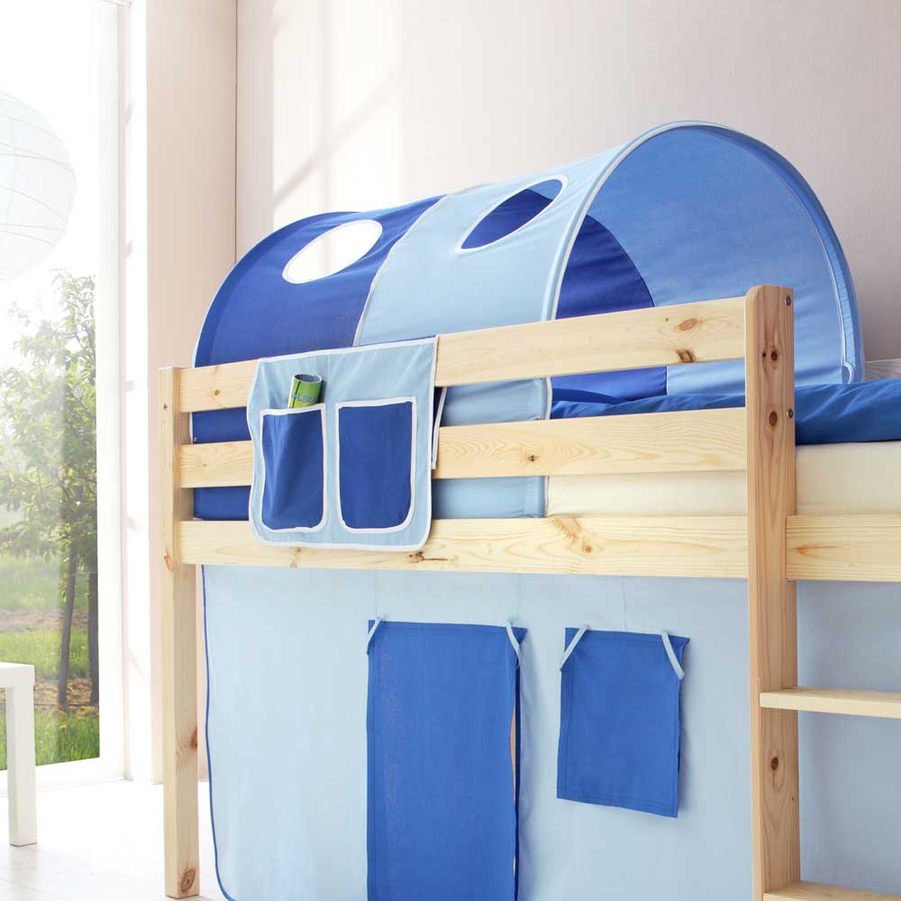 Halbhohes Kinderbett Sinito aus Kiefer Massivholz mit Tunnel in Blau