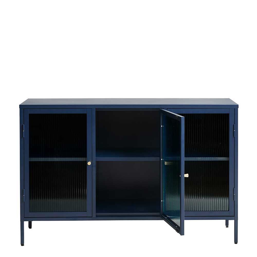 Esszimmersideboard Filippo in Blau Metall mit 3 Glastüren