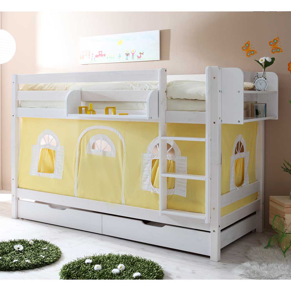Kinderzimmer Bett Maximum aus Kiefer Massivholz in Weiß und Gelb