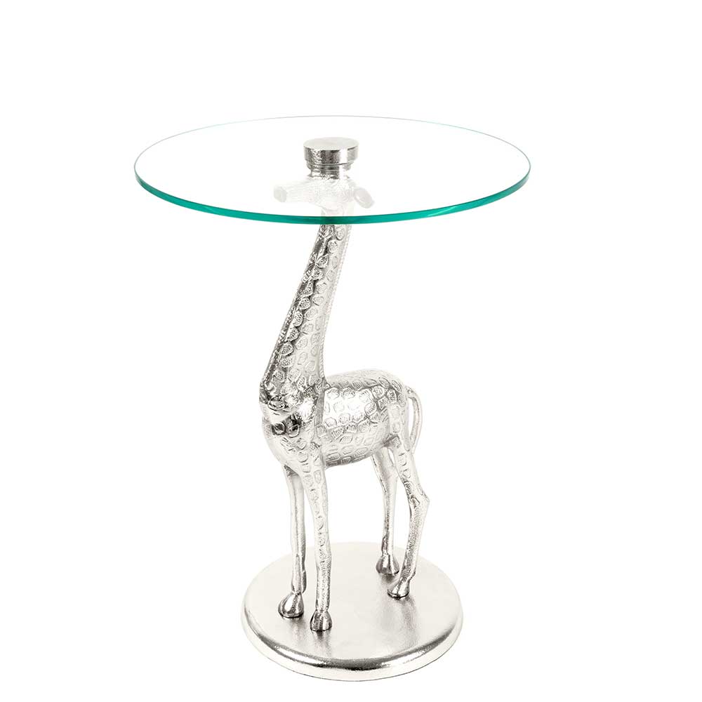 Glas Designtisch Nicono mit Säulengestell in Giraffenform in Silberfarben