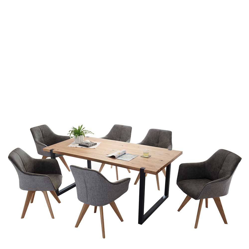 Design Essgruppe Vernazza aus Eiche massiv mit Armlehnenstühlen in Grau (siebenteilig)