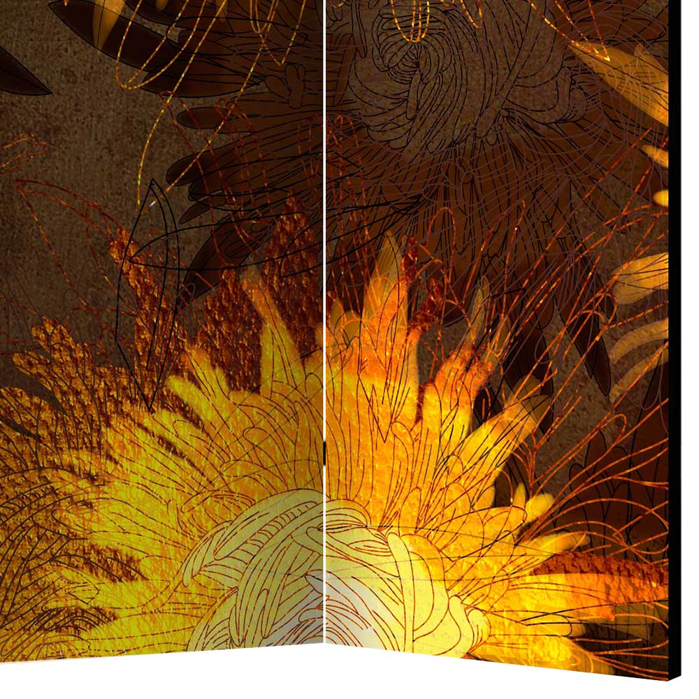 Paravent Hashima mit Sonnenblumen Motiv in Gelb und Braun
