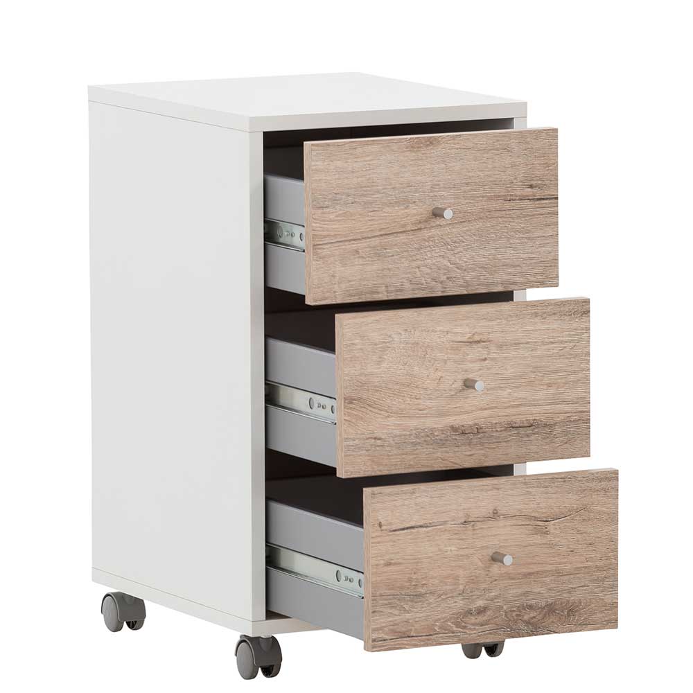 Schreibtischcontainer Rian in Wildeichefarben und Weiß mit drei Schubladen
