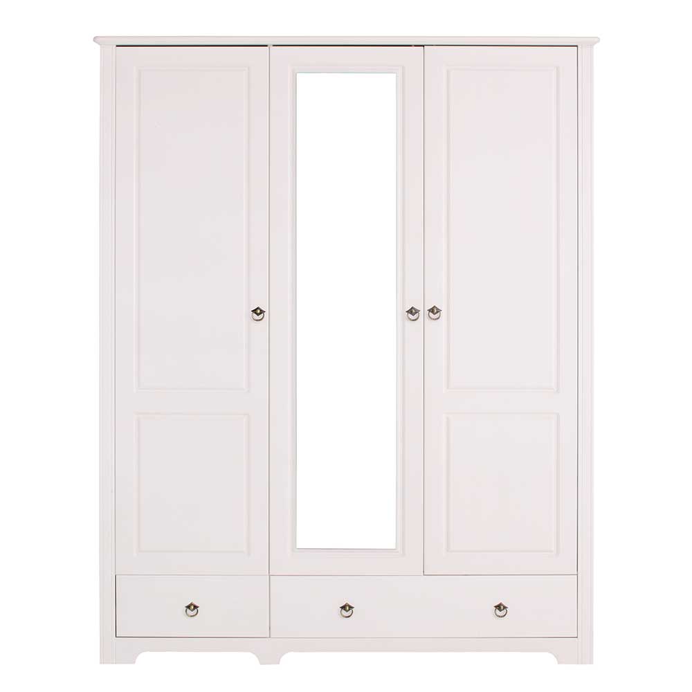 Landhaus Massivholz Kleiderschrank Sadanos in Weiß mit Spiegeltür