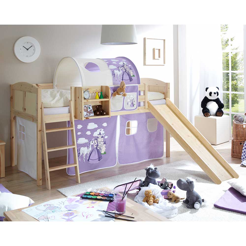 Kinderzimmer Bett Trasgona aus Kiefer Massivholz und Webstoff in Lila und Beige