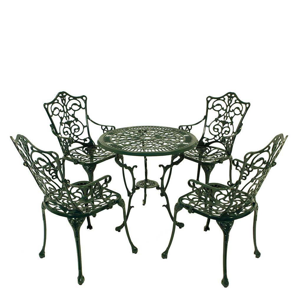 Vintage Gartensitzgruppe Zinay in Dunkelgrün Aluminium mit rundem Tisch (fünfteilig)