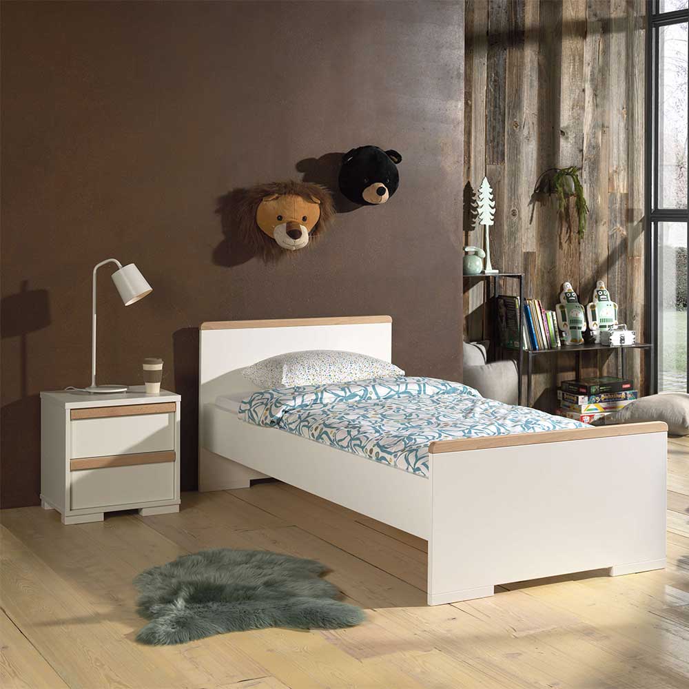 Jugendzimmer Bett Handican in Weiß und Buche mit Nachttisch (zweiteilig)
