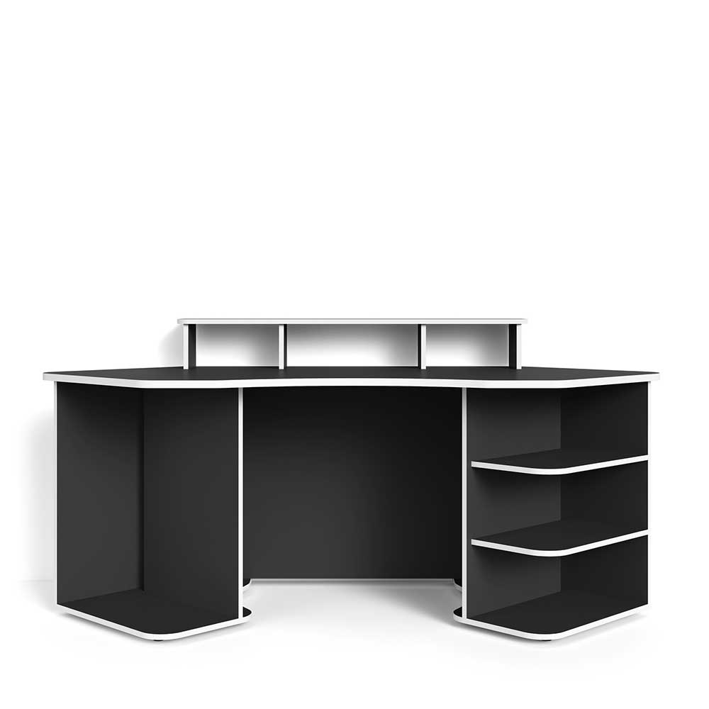 Gamer Schreibtisch Taifun in Schwarz und Weiß mit Bildschirmaufsatz