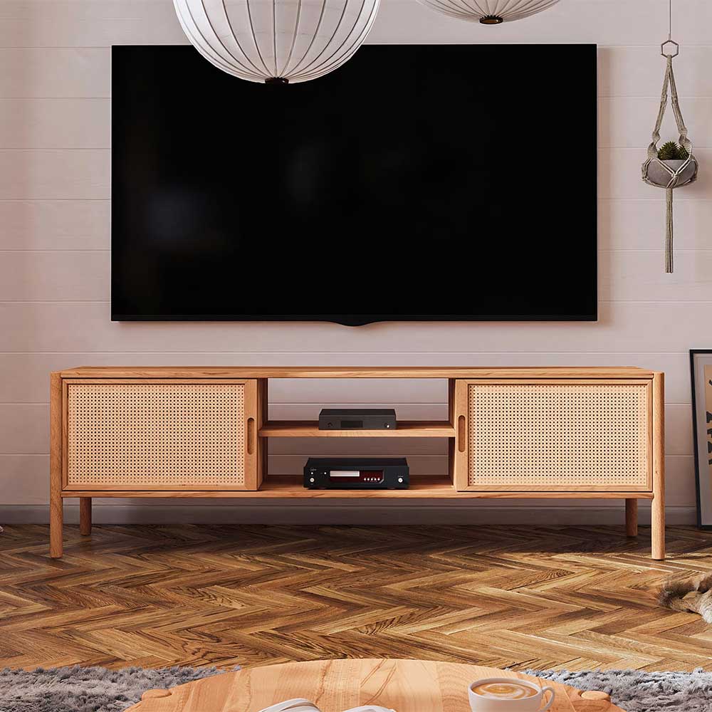 TV Möbel mit Rattan Türen Artjes aus Wildbuche Massivholz 204 cm breit