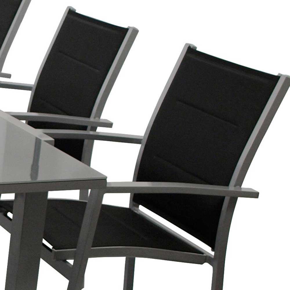 Terrassensitzgruppe Kata in Grau und Schwarz mit ausziehbarem Glastisch (neunteilig)