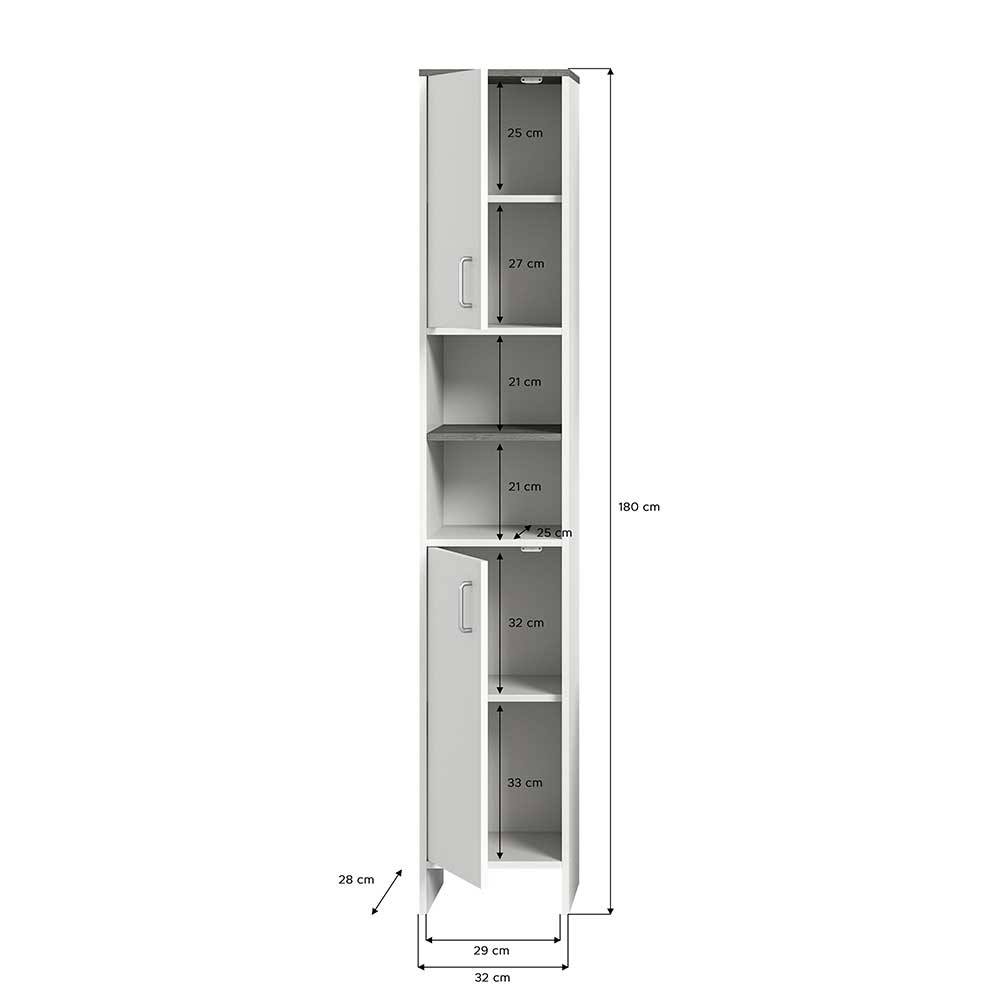 Moderner Badezimmerhochschrank Quartia in Weiß und Rauchsilber 180 cm hoch