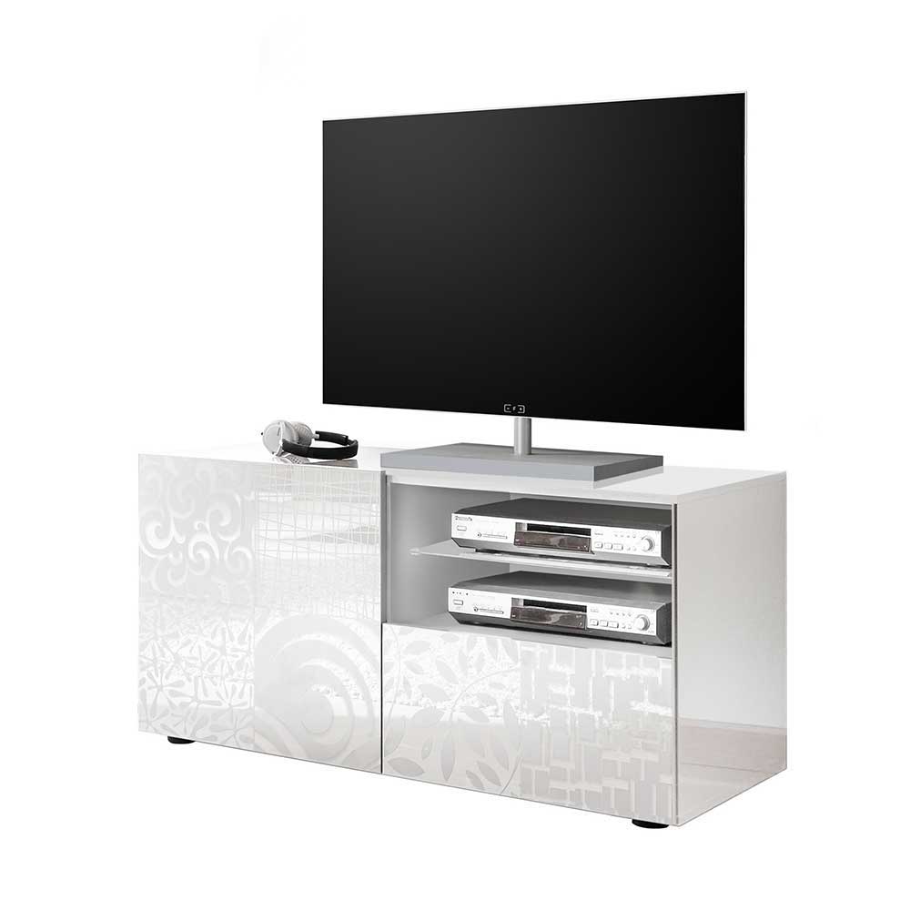 TV Board Peledrav in Hochglanz Weiß mit floralem Siebdruck verziert
