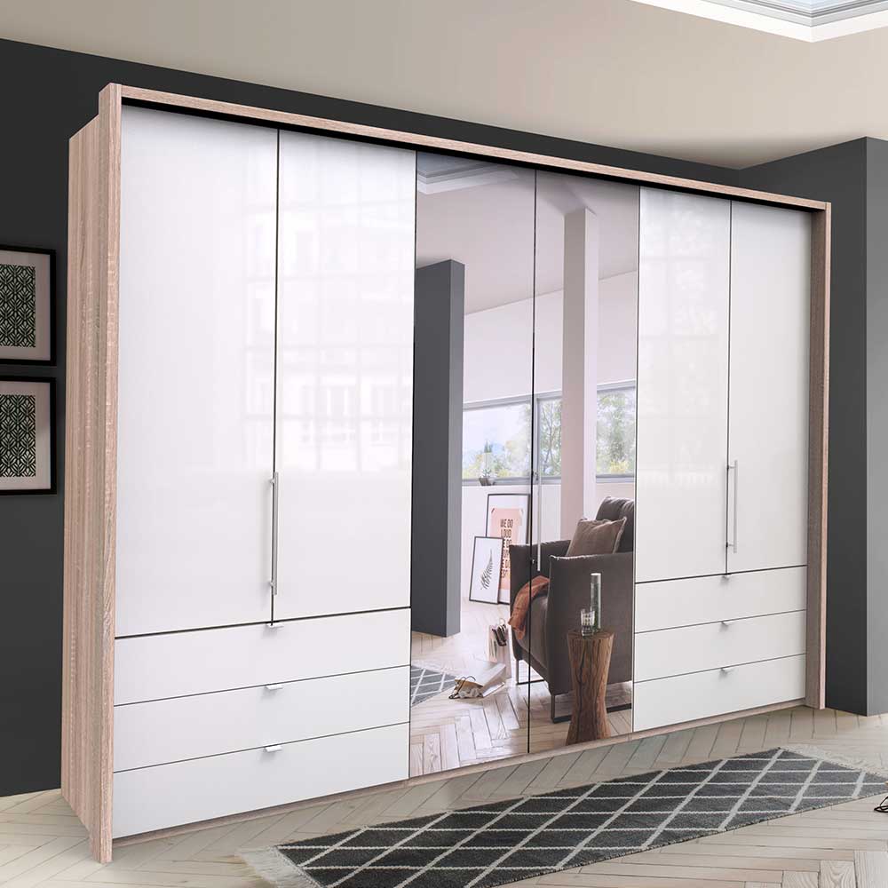 Moderner Schlafzimmerkleiderschrank Andryas mit Falttüren Schubladen und Spiegel