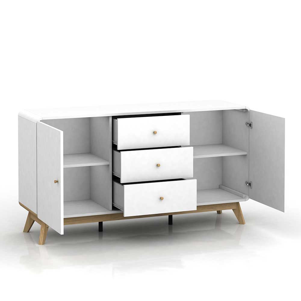 Weißes Skandi Design Sideboard Zedias mit drei Schubladen 140 cm breit