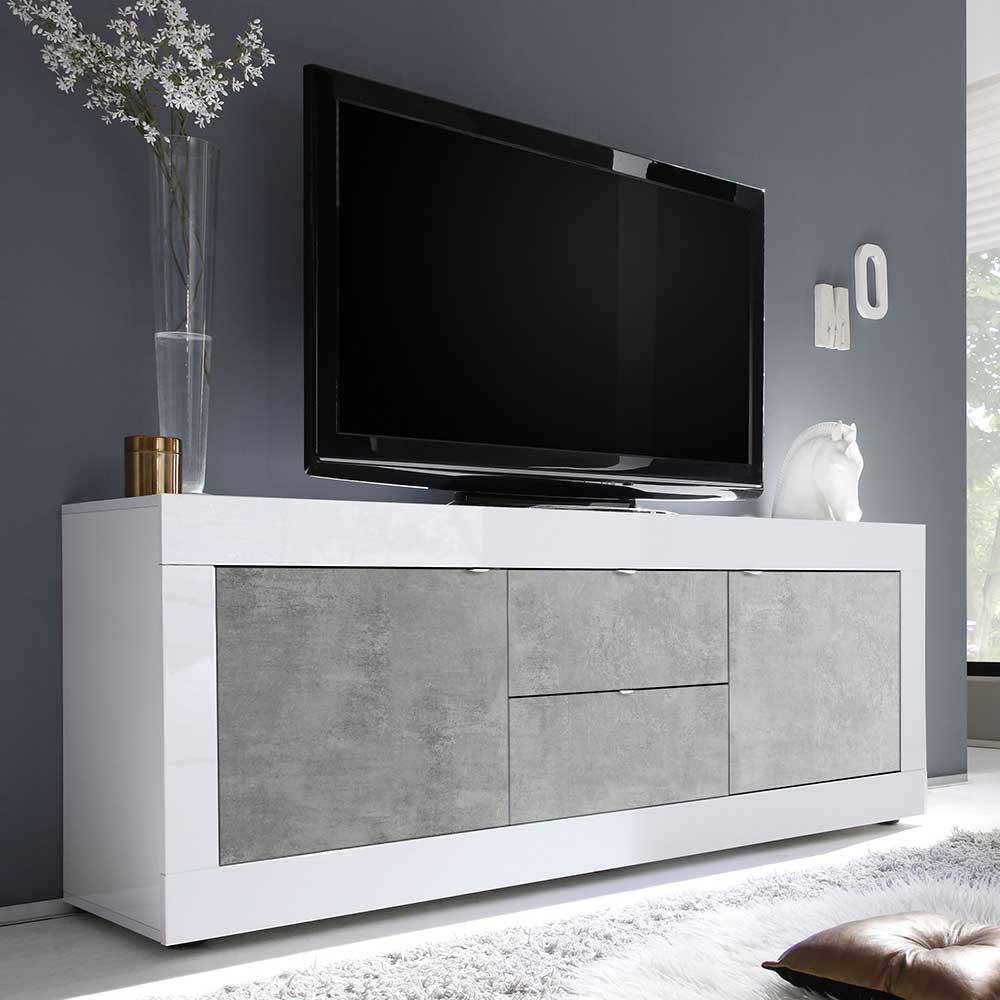 Modernes TV Lowboard Endion in Weiß und Beton Grau 210 cm breit