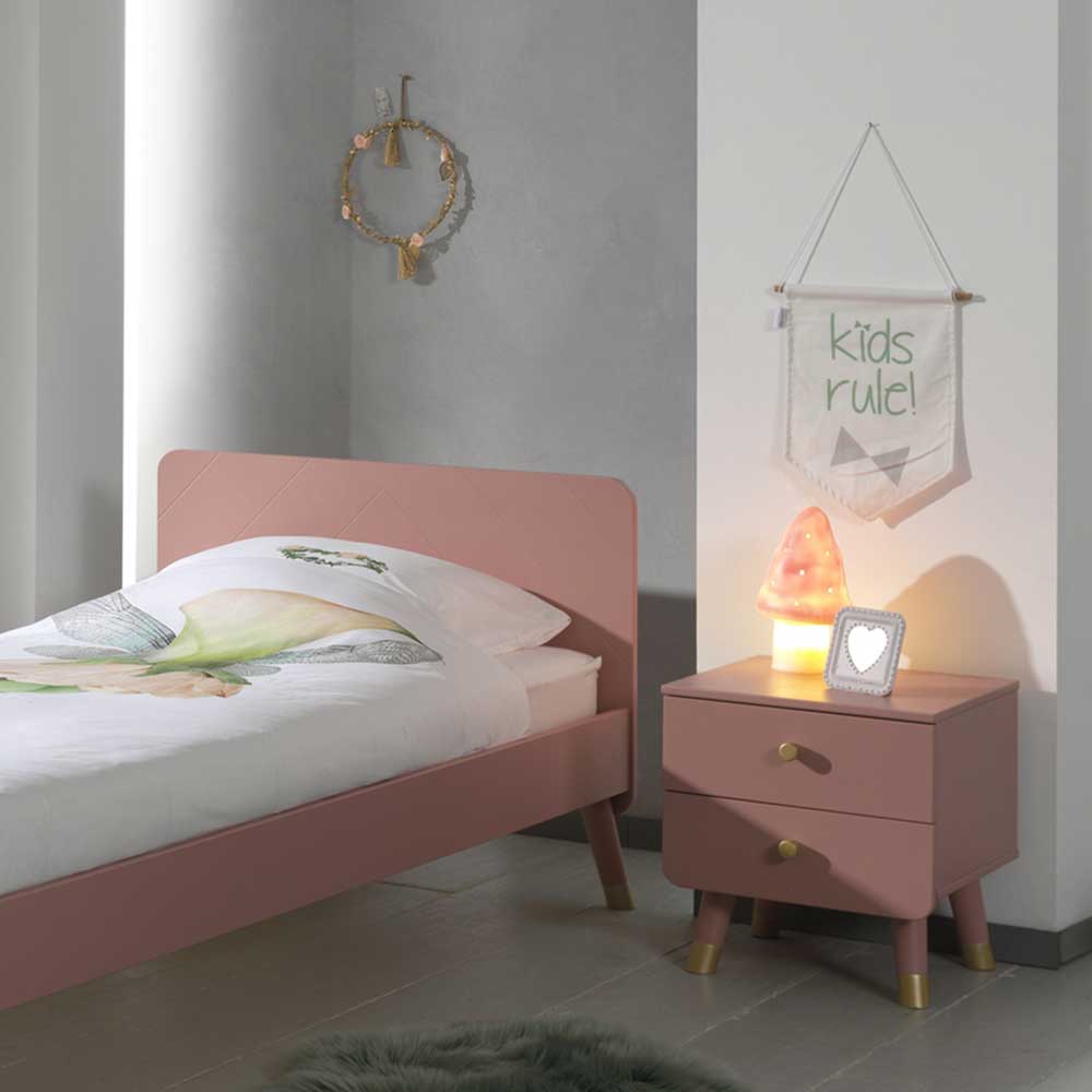 Nachttischkommode Fiametta in Rosa und Goldfarben mit zwei Schubladen