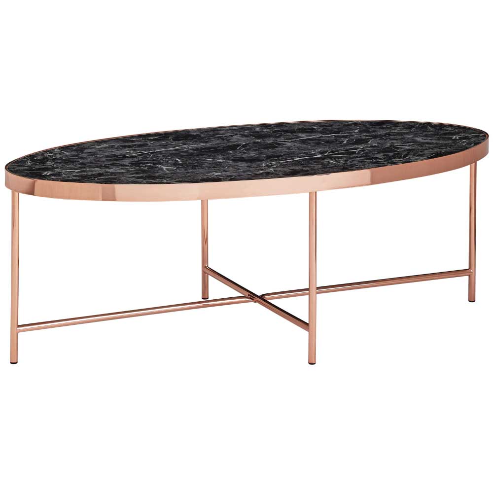 Ovaler Glastisch Jony in Kupferfarben mit Tischplatte in schwarzer Marmor Optik