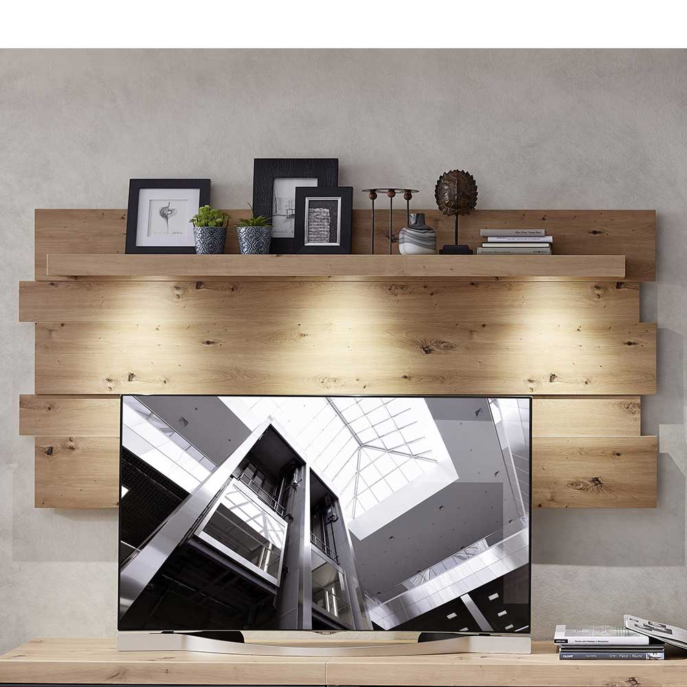 Design Wohnwand Mossava in Dunkelgrau und Wildeiche mit LED Beleuchtung (fünfteilig)