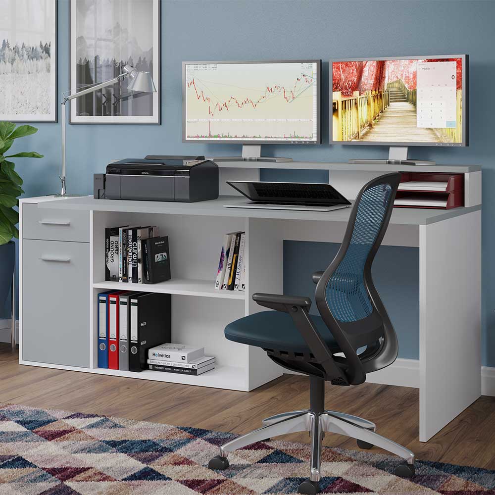 Gaming Schreibtisch Waspa in Weiß und Lichtgrau mit Bildschirmaufsatz