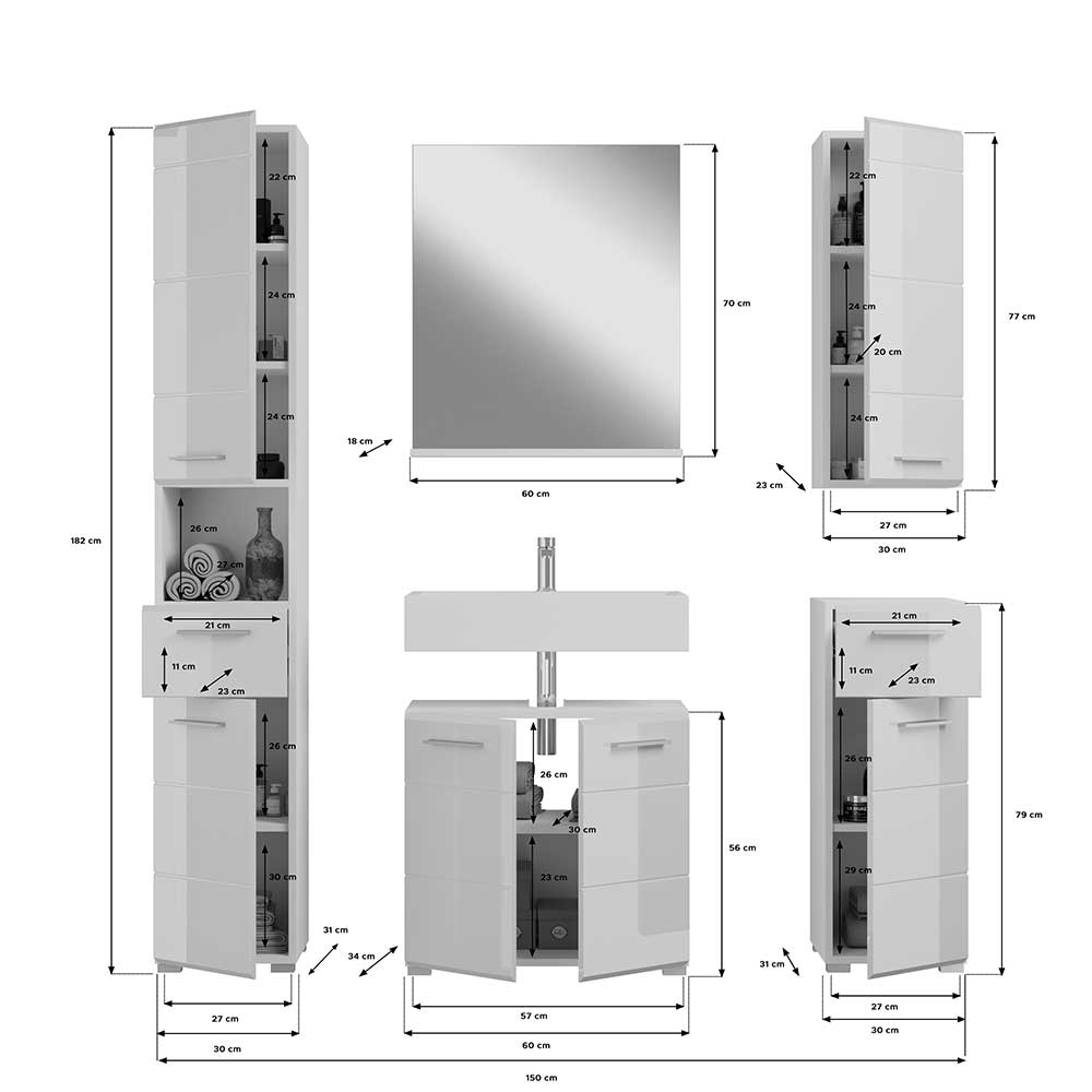 Hochglanz Badmöbel Set Ambo in Weiß mit Spiegel (fünfteilig)