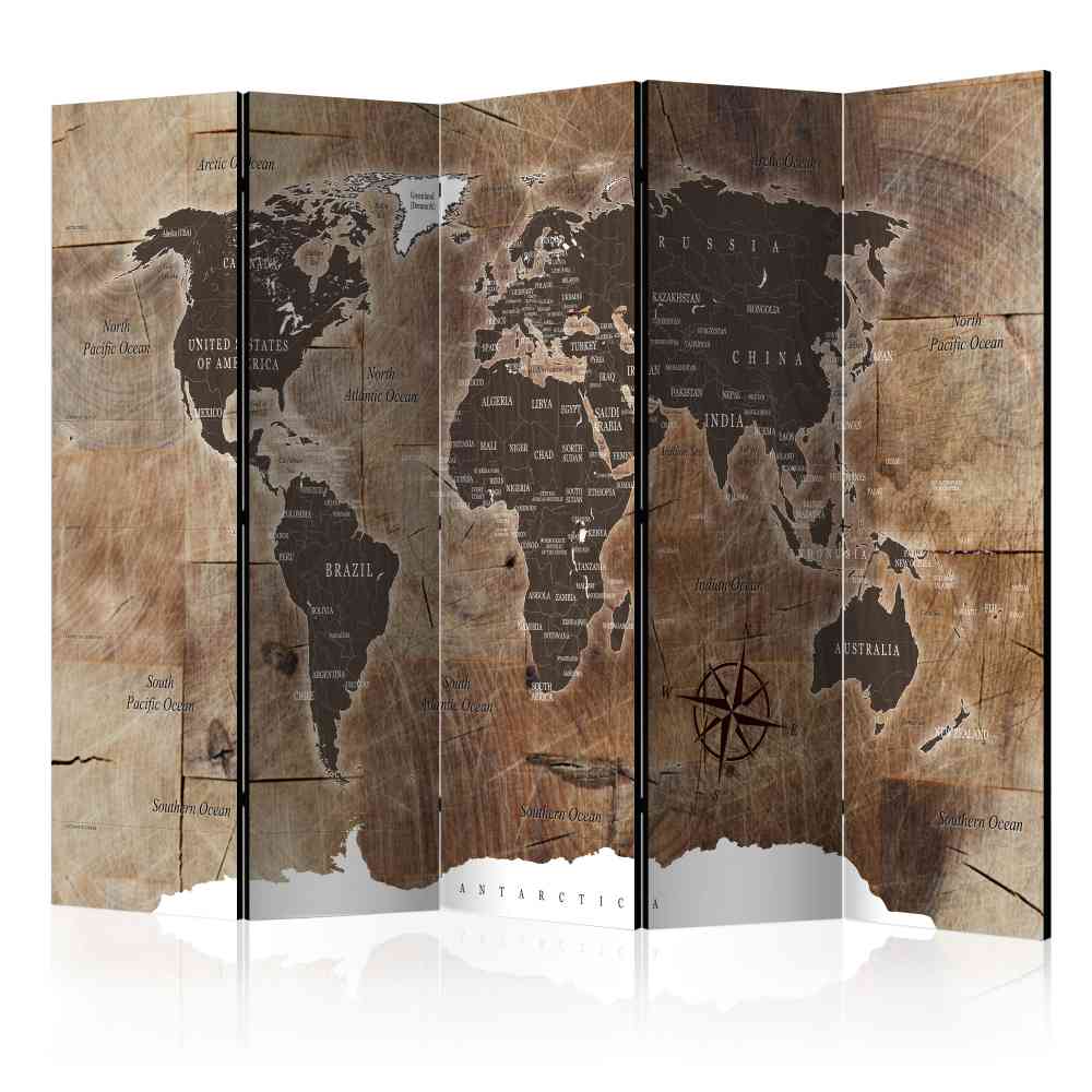 Paravent Comho mit Weltkarte auf Baumstamm Optik aus fünf Elementen