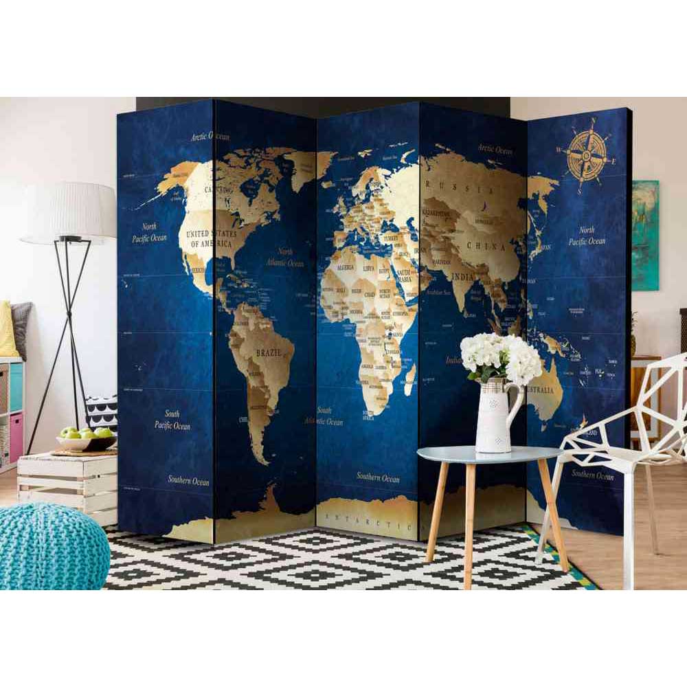 Raumteiler Paravent Droston mit Weltkarten Motiv in Blau und Beige