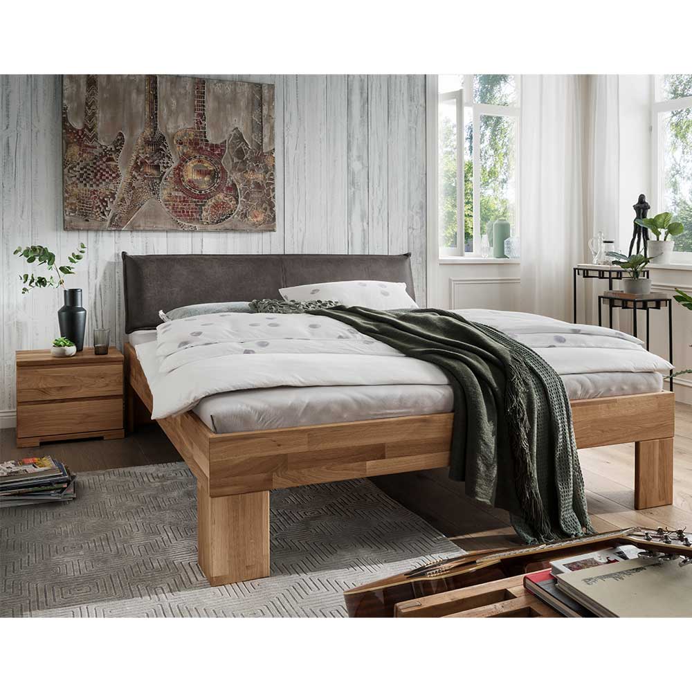 Polsterkopfteil Bett Spaniav aus Wildeiche Massivholz mit Konsolen (dreiteilig)