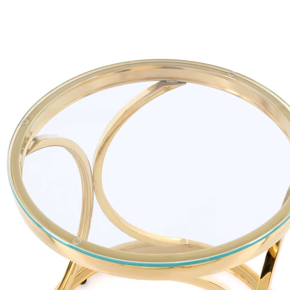 Klarglas Beistelltisch Yumcor mit Ringgestell in Goldfarben rund