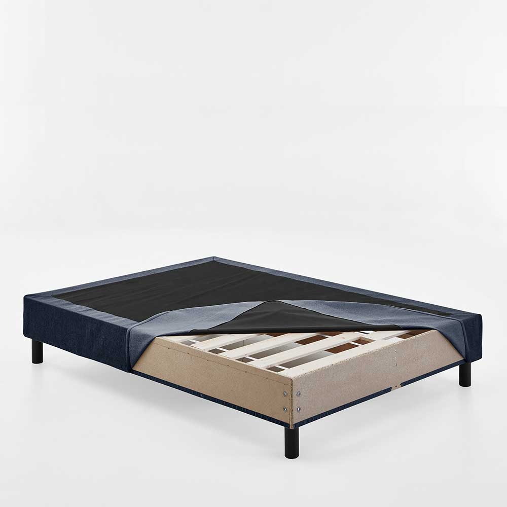 Boxspring Bett ohne Kopfteil Cymba in Blau mit Vierfußgestell aus Holz