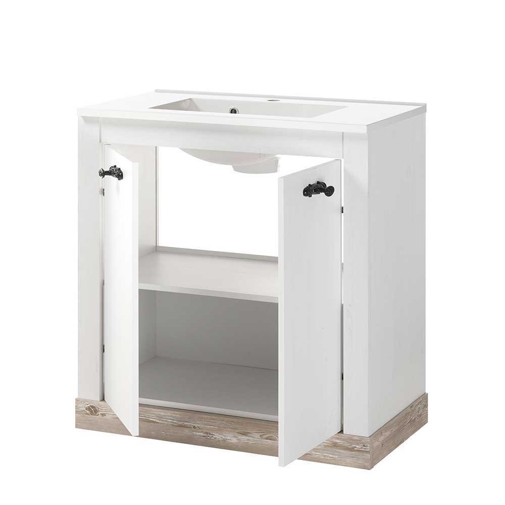 Badezimmermöbel Set Atridia in Weiß und Pinienfarben im Landhausstil (dreiteilig)