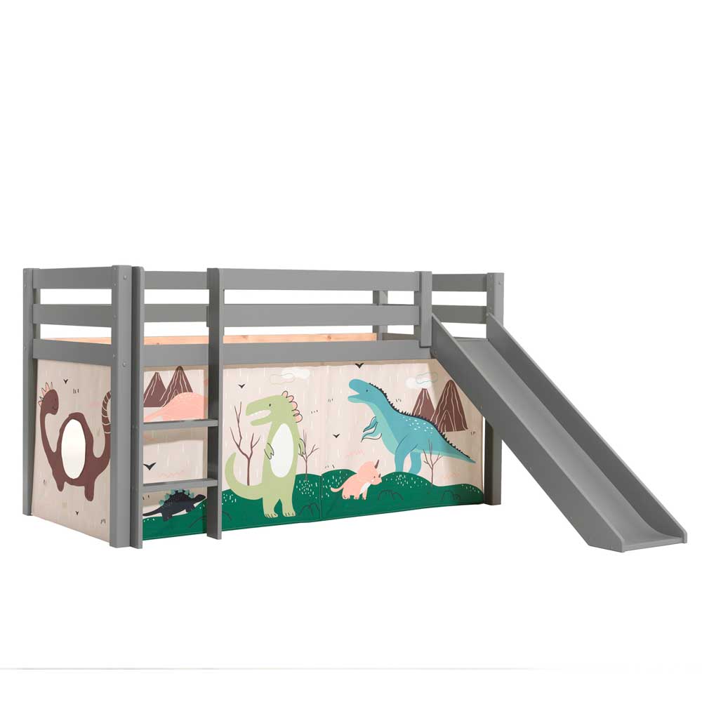 Kinderhochbett Panura in Grau mit Dinosaurier Motiv und Rutsche