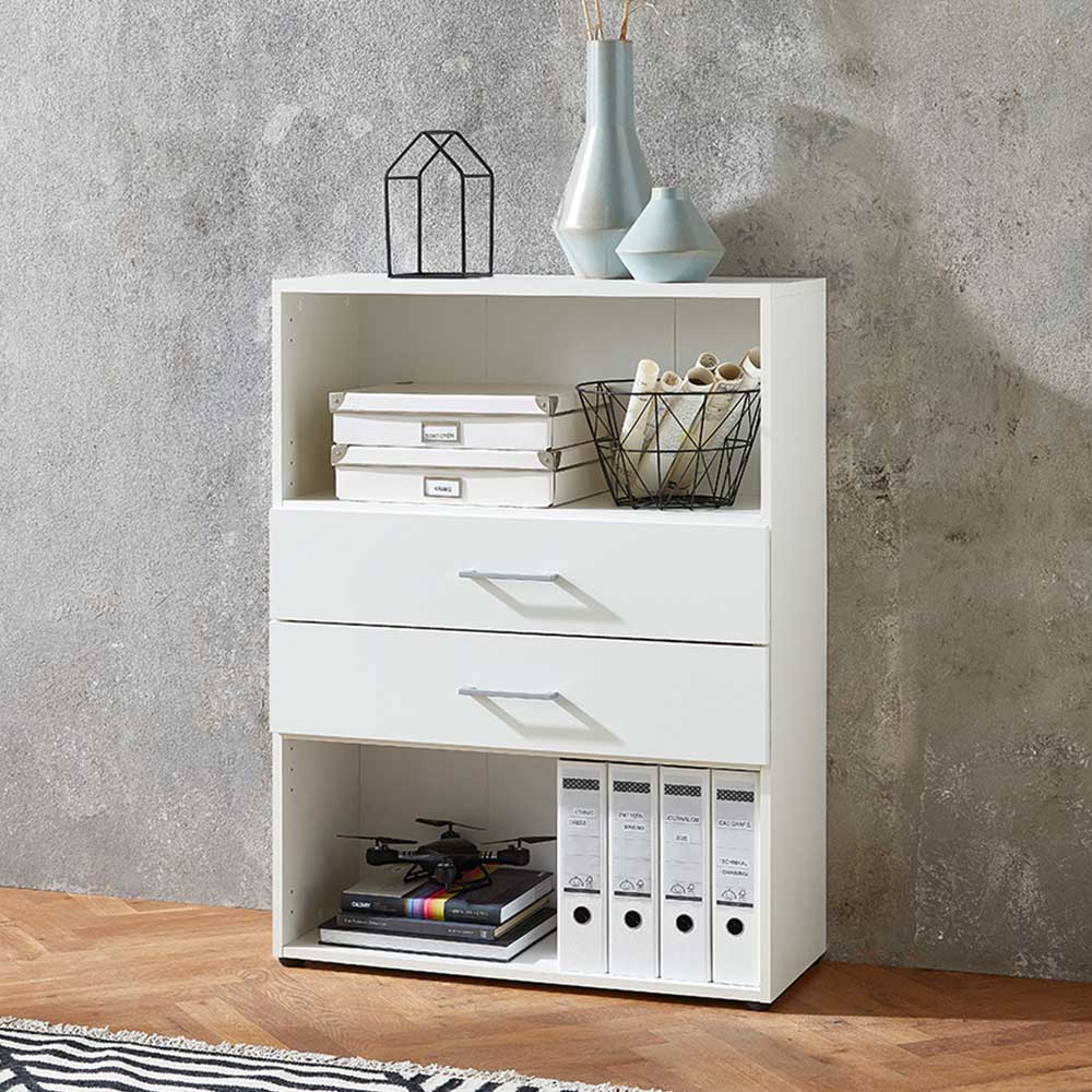 Home Office Regal Owama mit zwei Schubladen in Weiß