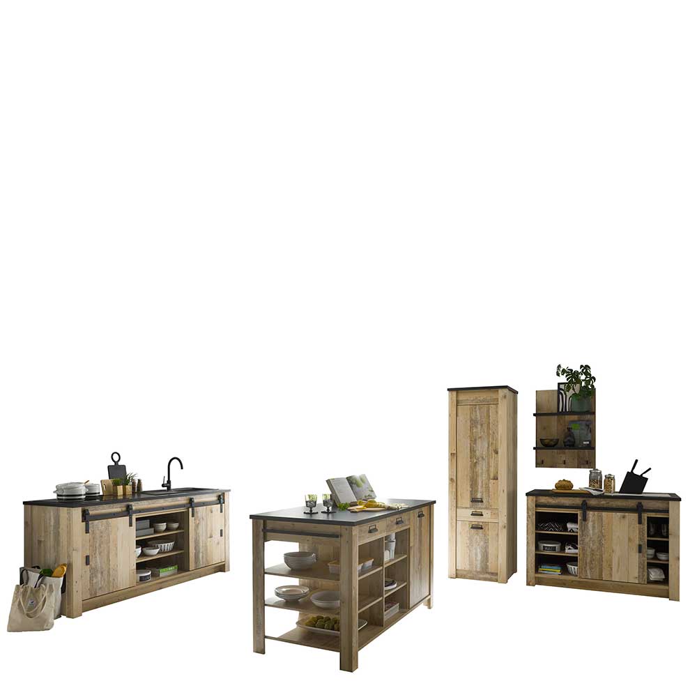 Country Küchenmöbel Set Arama in Holzoptik verwittert und Anthrazit (fünfteilig)