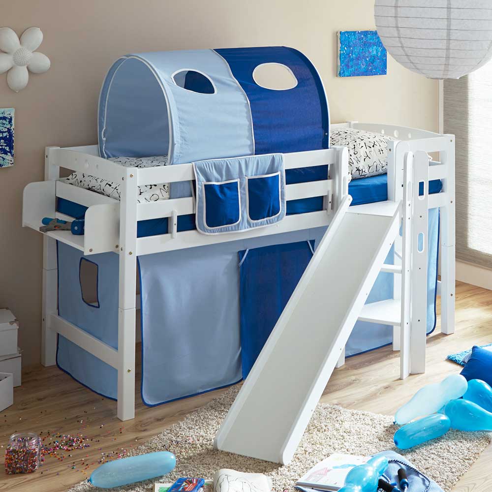 Kinderzimmer Hochbett Funius mit Rutsche und Vorhang in Blau
