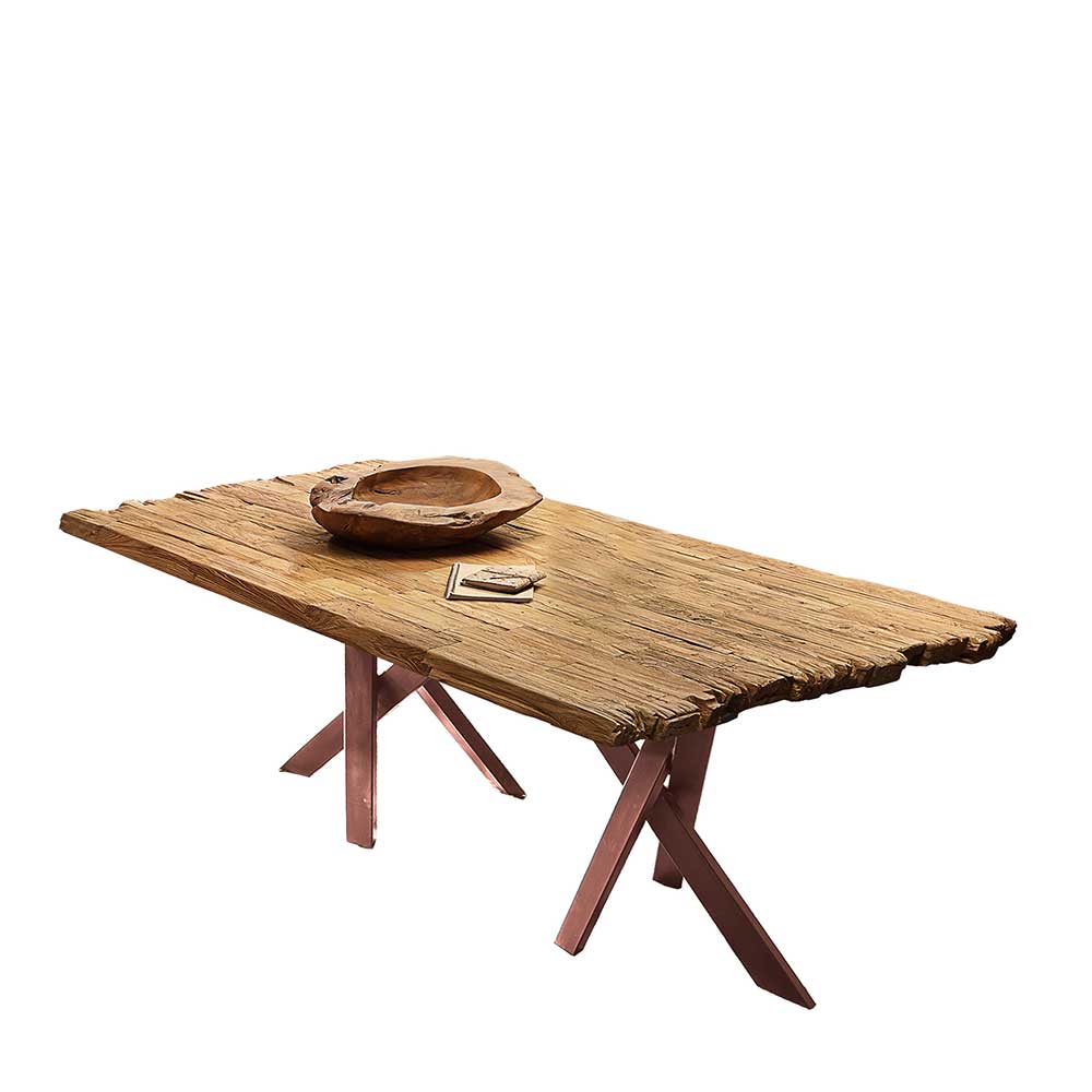 Holztisch rustikal Manaos in Braun und Teakfarben mit Sechsfußgestell