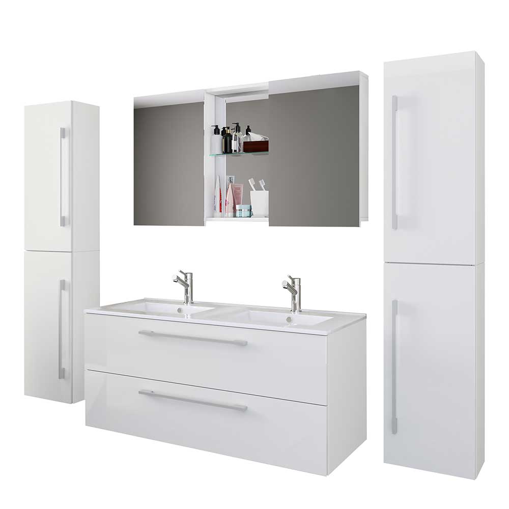 Weißes Badezimmermöbel Set Dango Hochglanz Front - 46 cm tief (vierteilig)