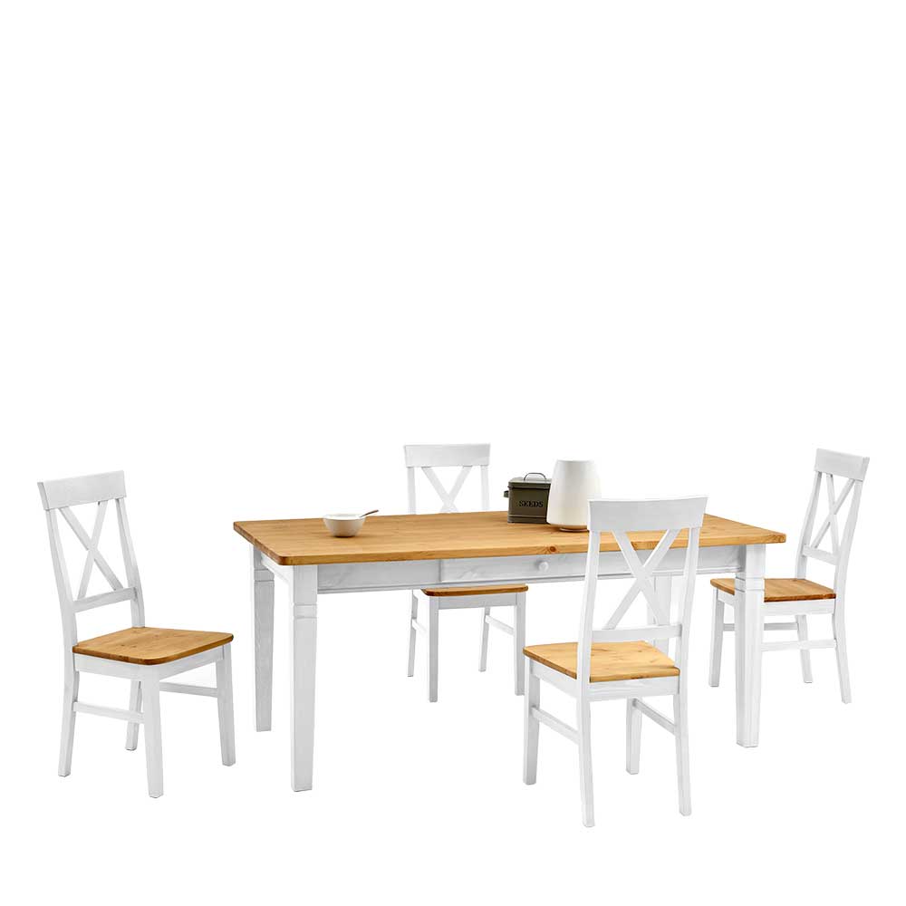 Esstisch mit Stühlen Voluntary in Weiß Kiefer im Landhausstil (fünfteilig)