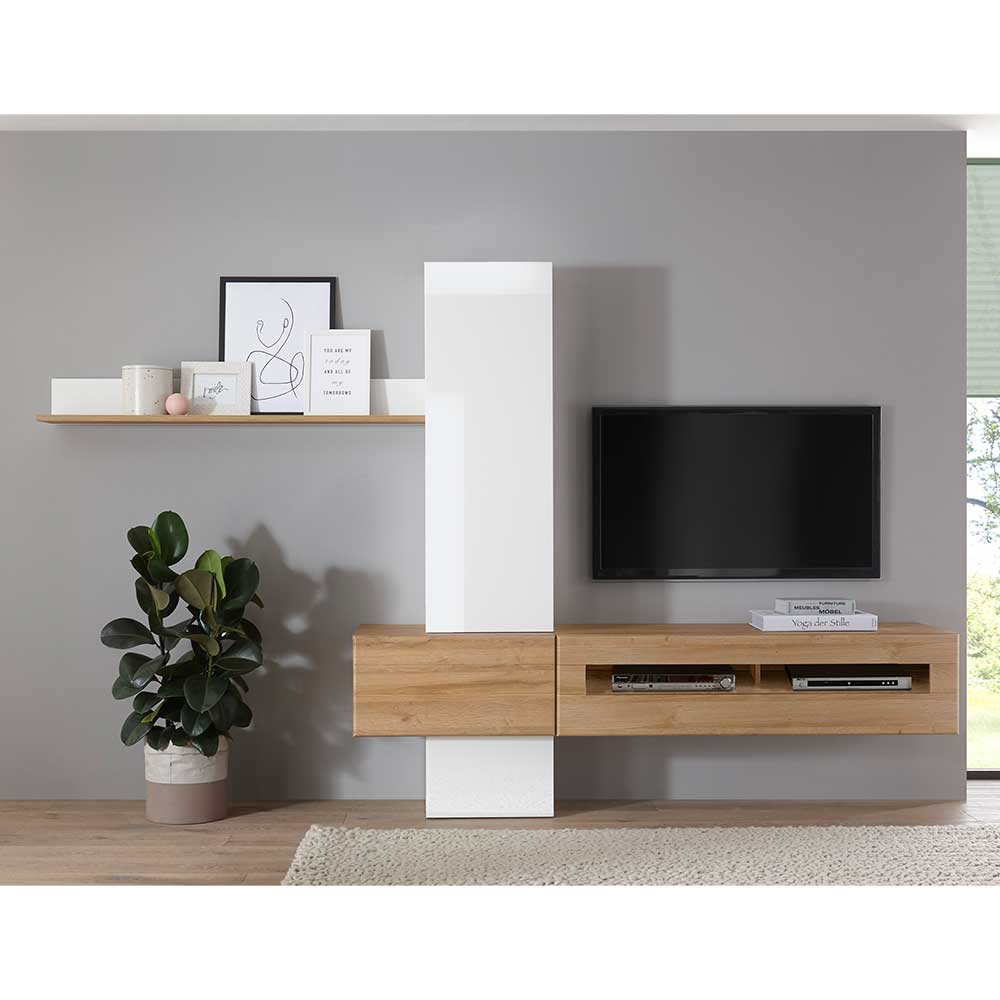TV Wohnwand Aulianda in Weiß Hochglanz und Wildeiche Optik 210 cm breit (fünfteilig)
