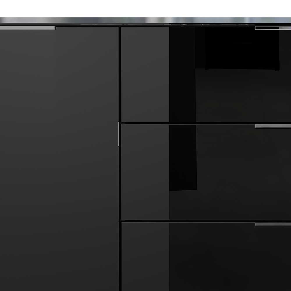 Schwarze Kommode Pauli Glas beschichtet mit einer Tür und vier Schubladen