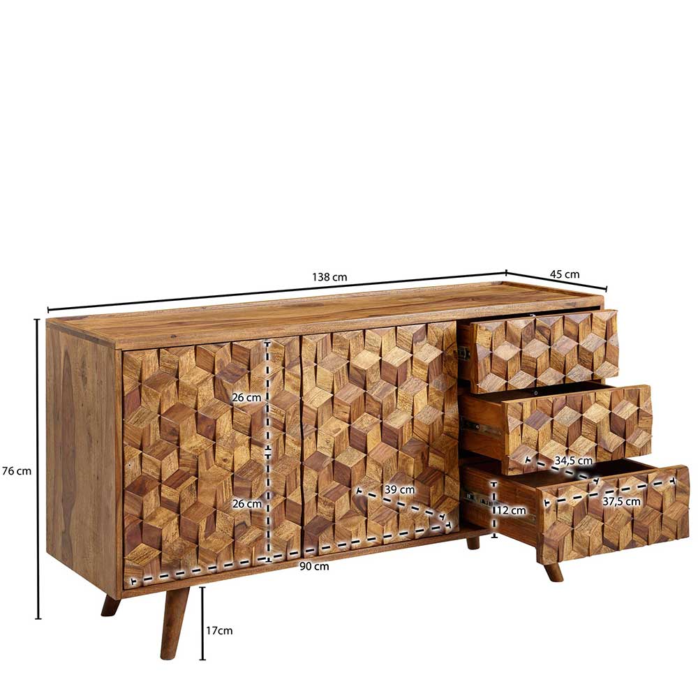 Modernes Sideboard Grosky aus Sheesham Massivholz 138 cm breit