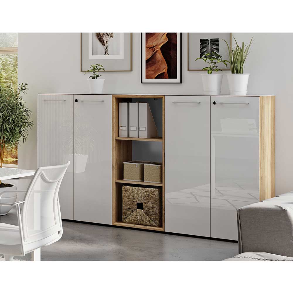 Office Möbel Lixendra in Weiß und Wildeichefarben mit Glas beschichtet (dreiteilig)