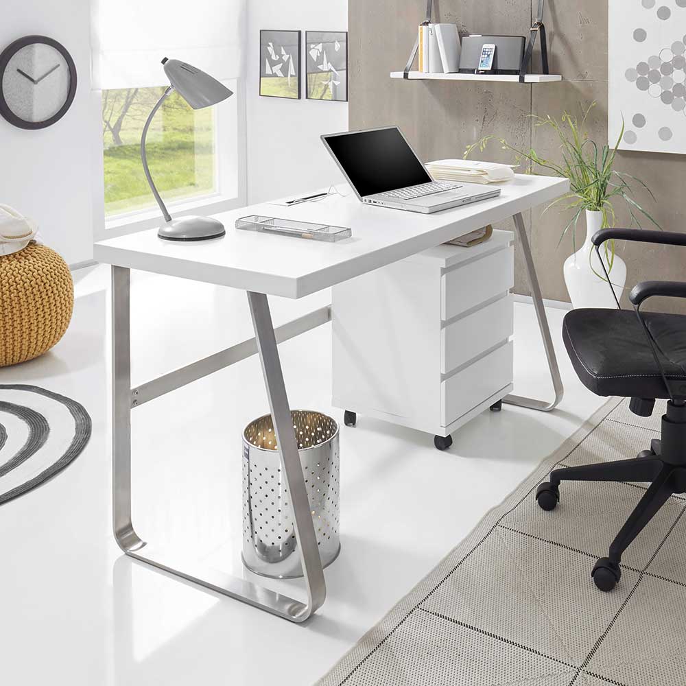 Büro Schreibtisch Zenya in Weiß 140 cm breit mit Kabelkanal