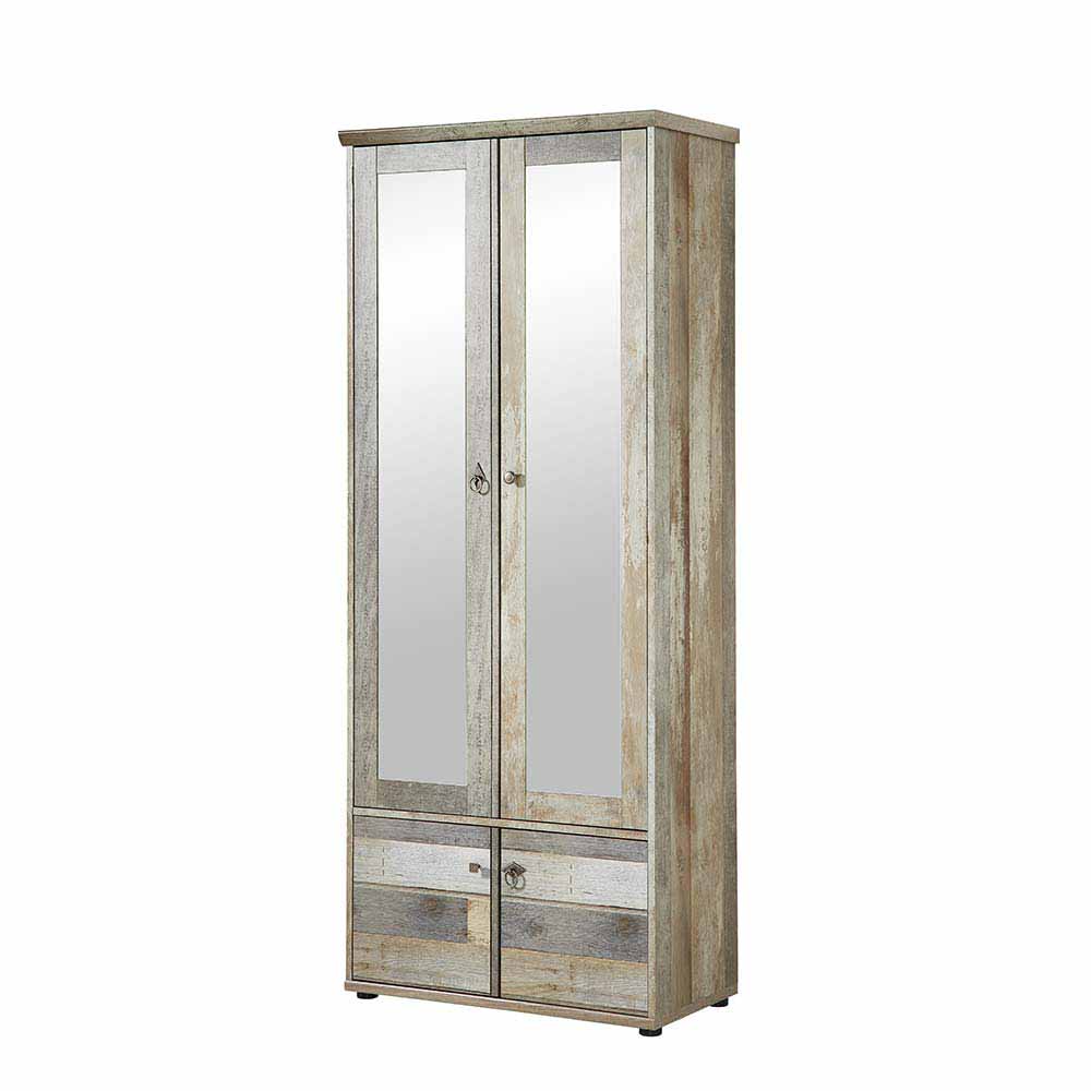 Dielenkleiderschrank Scopelos im Dekor Treibholz Grau mit Spiegeltüren