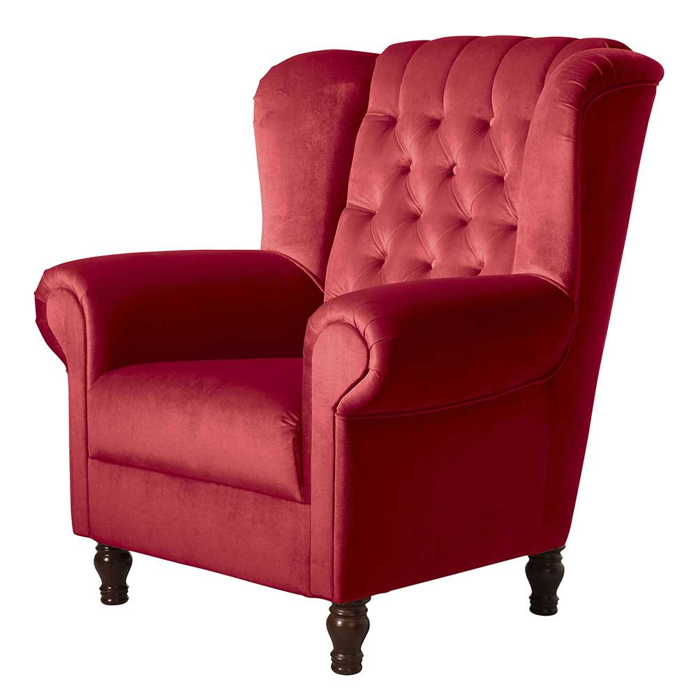 Roter Samtvelours Sessel Donnia mit Vierfußgestell aus Holz in Nussbaumfarben