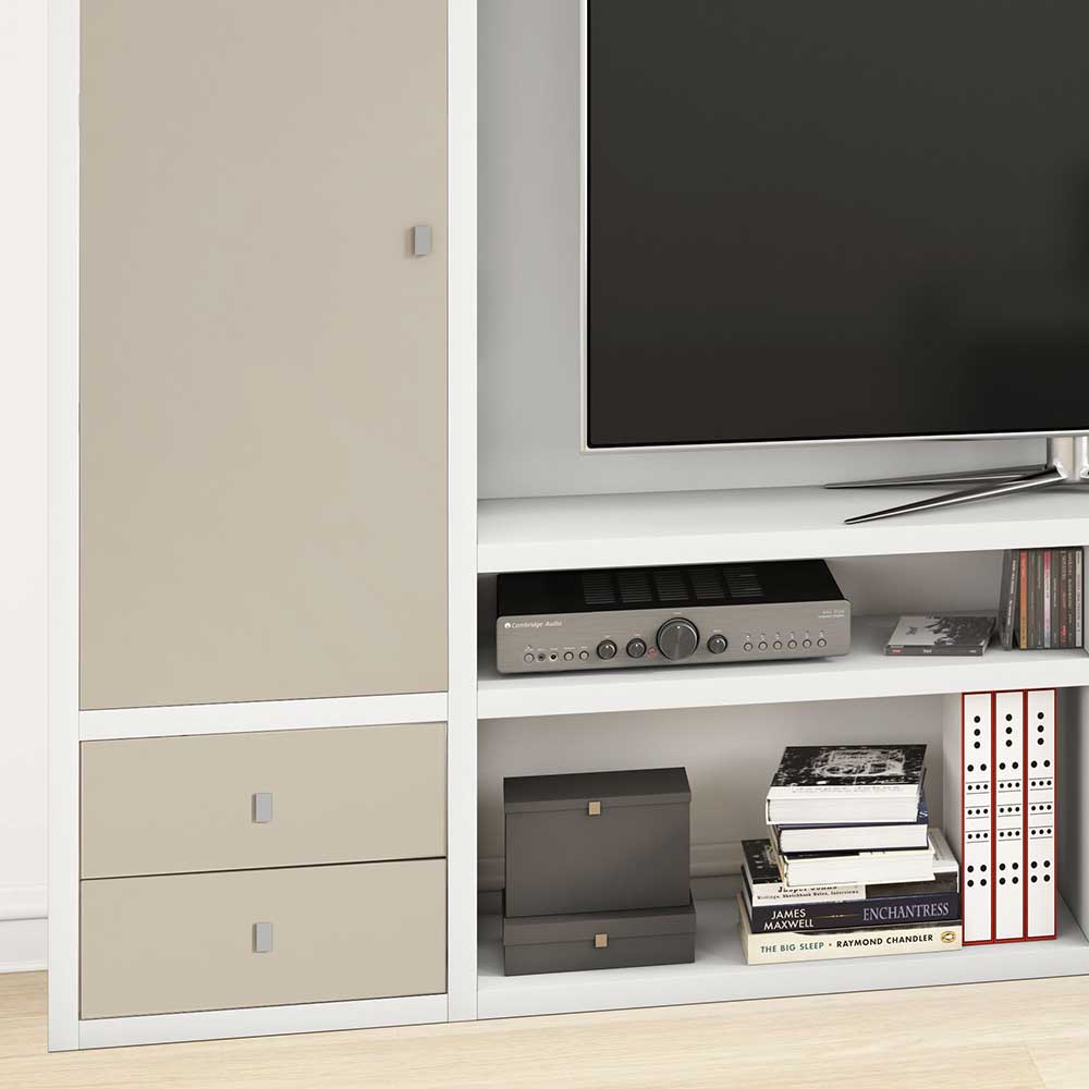 Design TV Regalwand Curelino in Weiß und Beige 265 cm breit