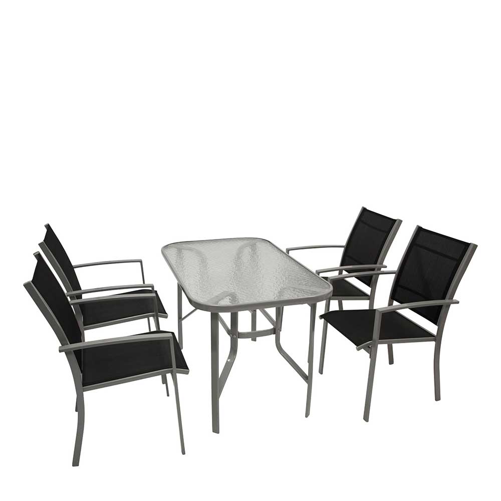 Garten Sitzgruppe Saniela in Silberfarben und Schwarz mit Glastisch (fünfteilig)