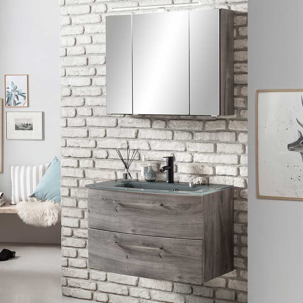Waschtisch und Spiegelschrank Isdrina in Eiche Grau 80 cm breit (zweiteilig)
