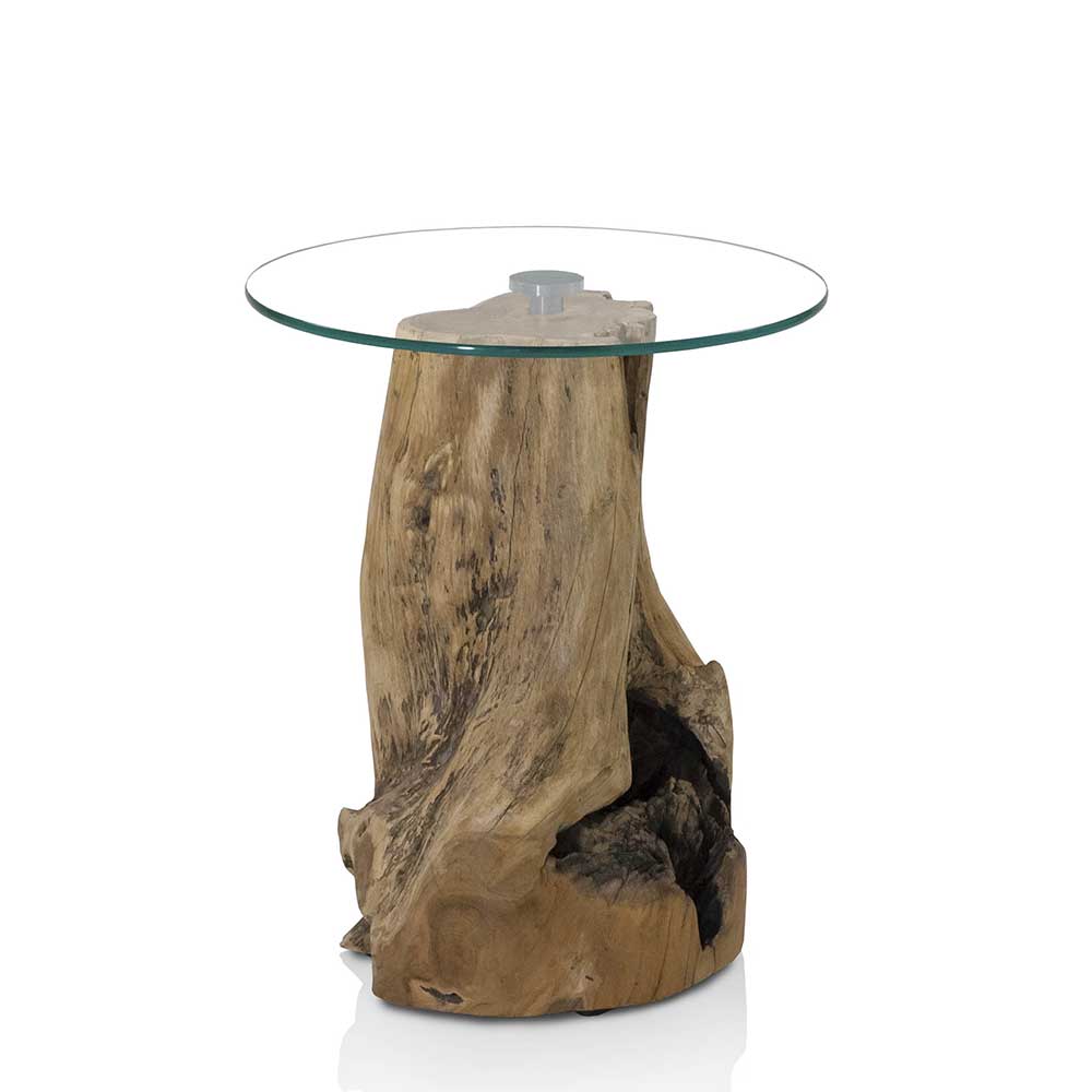 Telefontisch Valbreda als Baumstumpf mit runder Glasplatte