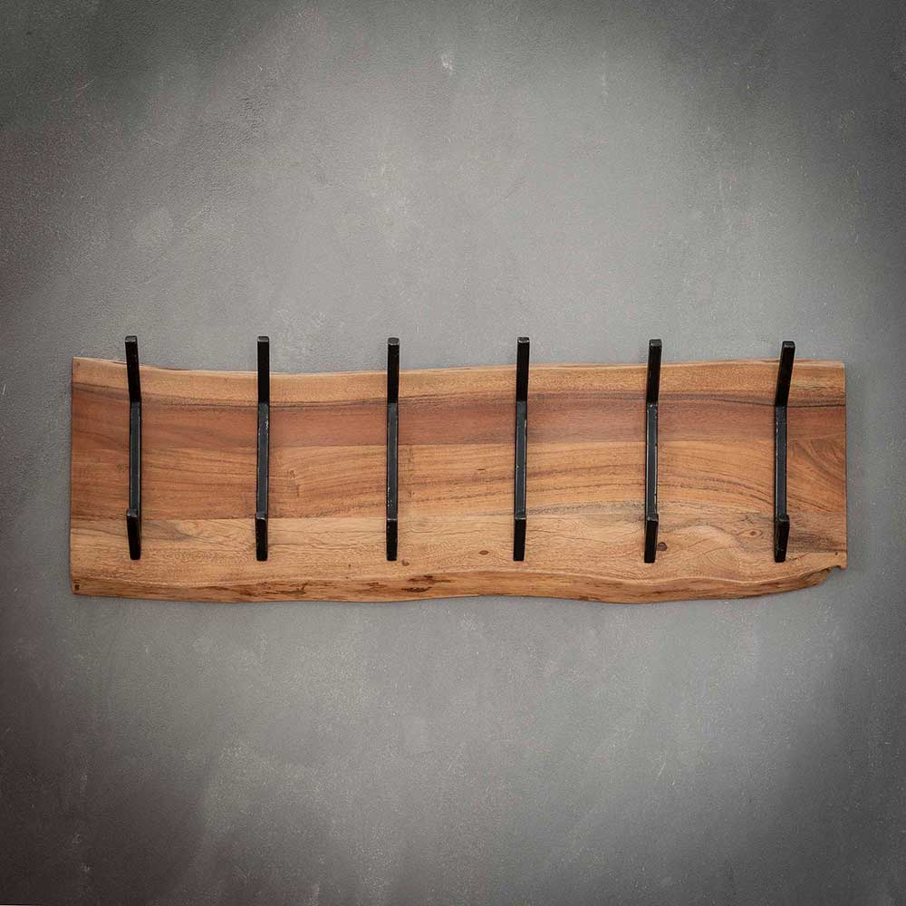 Einzigartige Garderobenleiste Shirina aus Akazie Massivholz mit 6 Metallhaken